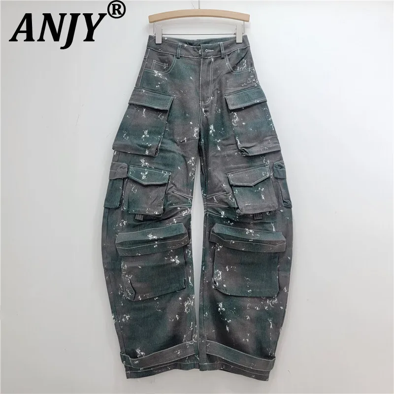 

ANJY Summer New Women's Trendy Streetwear Multi-Pocket Camouflage Cargo Pants Personality Safari Style Chic Straight Jeans A7768