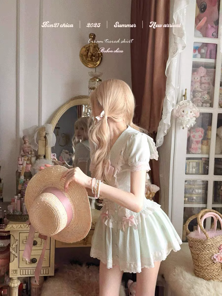Princess sweet lolita dress bobon21 Berry Mist Mint lace bow pink Japanese Style Retro Cute Tencel Vinegar Hemp Dress D2419