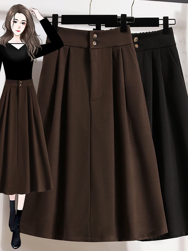 

Однотонная осенне-зимняя женская повседневная свободная юбка-миди с кружевным подолом, шерстяная юбка большого размера, юбка с широким подолом