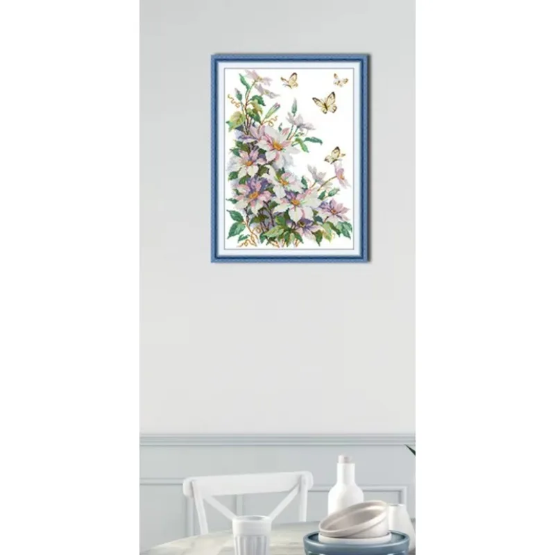 

Soulgift News Pre-Printed Cross Stitch Kit, Stamped Aida Fabric With DMC Threads, Embroidery Kit - Clematis Montana 2