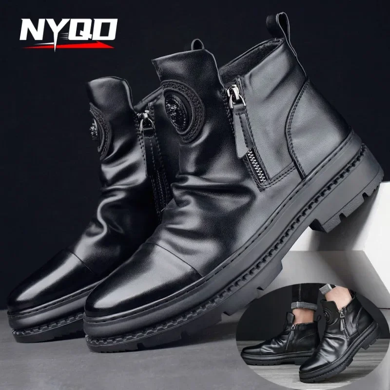 Men's Motorcycle Leather Boots British Style Round Head High Top Shoes Side Zip Walking Casual Platform Boots Bota Masculina