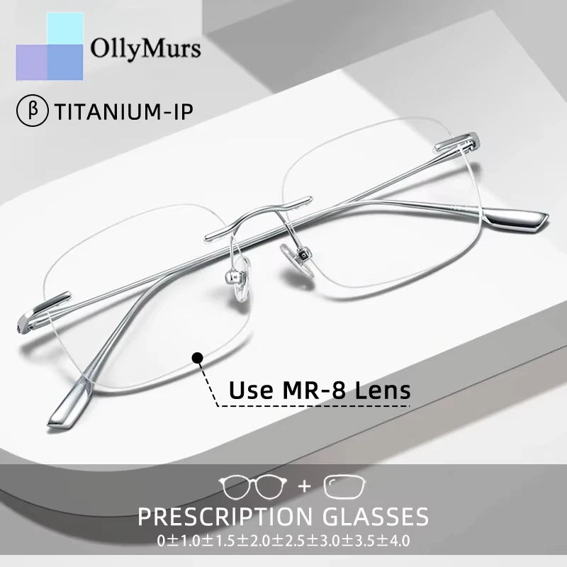 OLLYMURS Ultralight titanium rimless reading glasses, simple square myopia frames, anti-blue light, custom prescription glasses