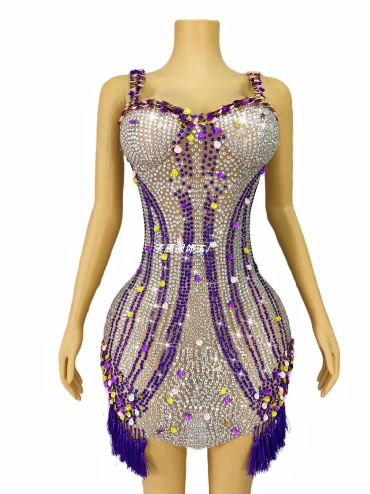 

New Blingbling Rhinestone Sequin Fringe Girl Group Singer Dance Purple Skirt For Women