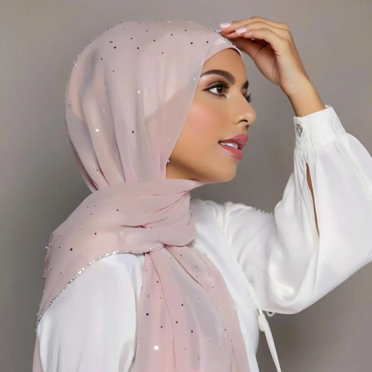 180cm Hijab Headscarf Monochrome Woman Pearl Chiffon Chain Scarf Starry Sky Hot Diamond High Quality Long Scarf Muslim Scarf