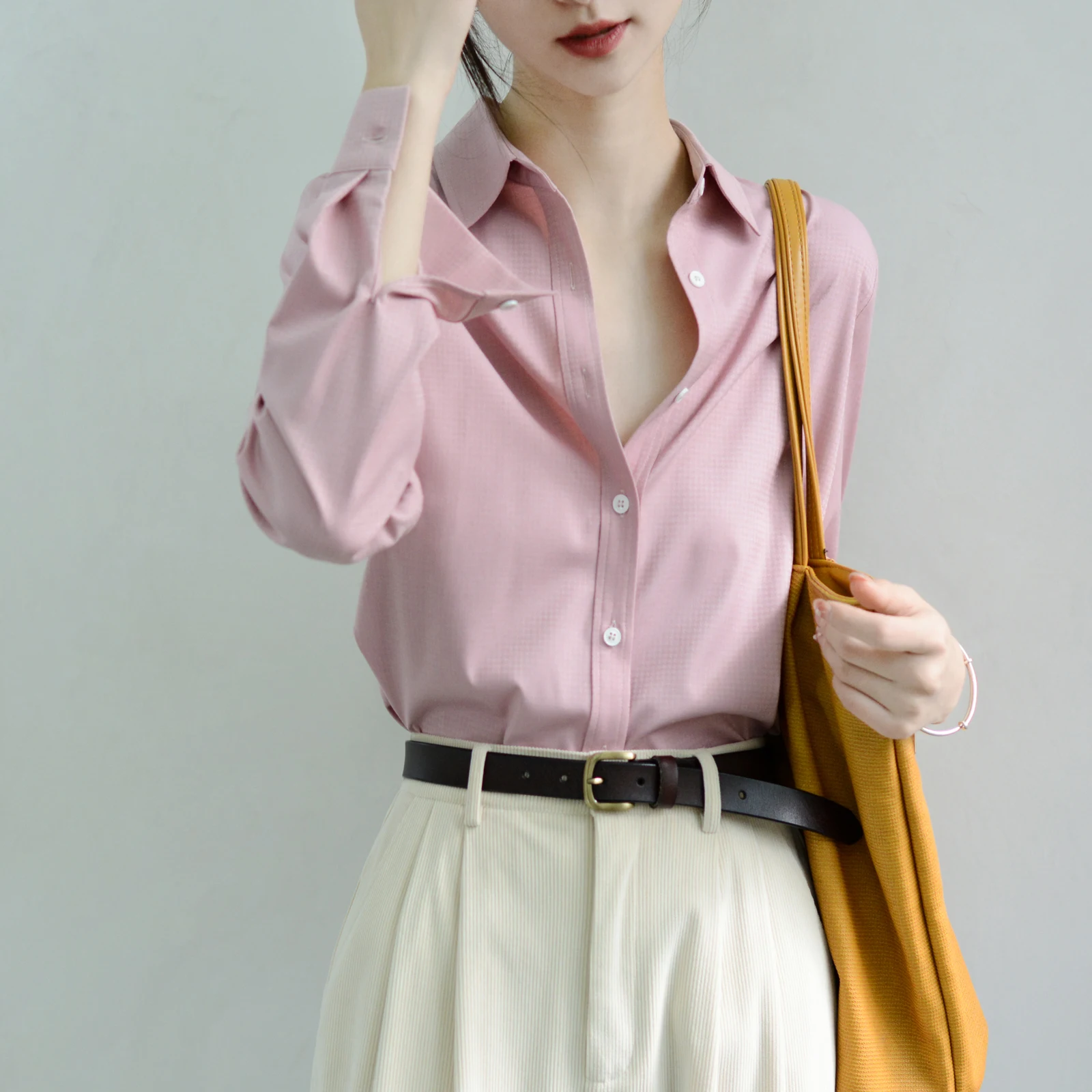 

Faionable Unique Ches Pink Layered Women's irt Ele Feel Top TRR Sli Commute Sle Button Detail Polyester Fiber