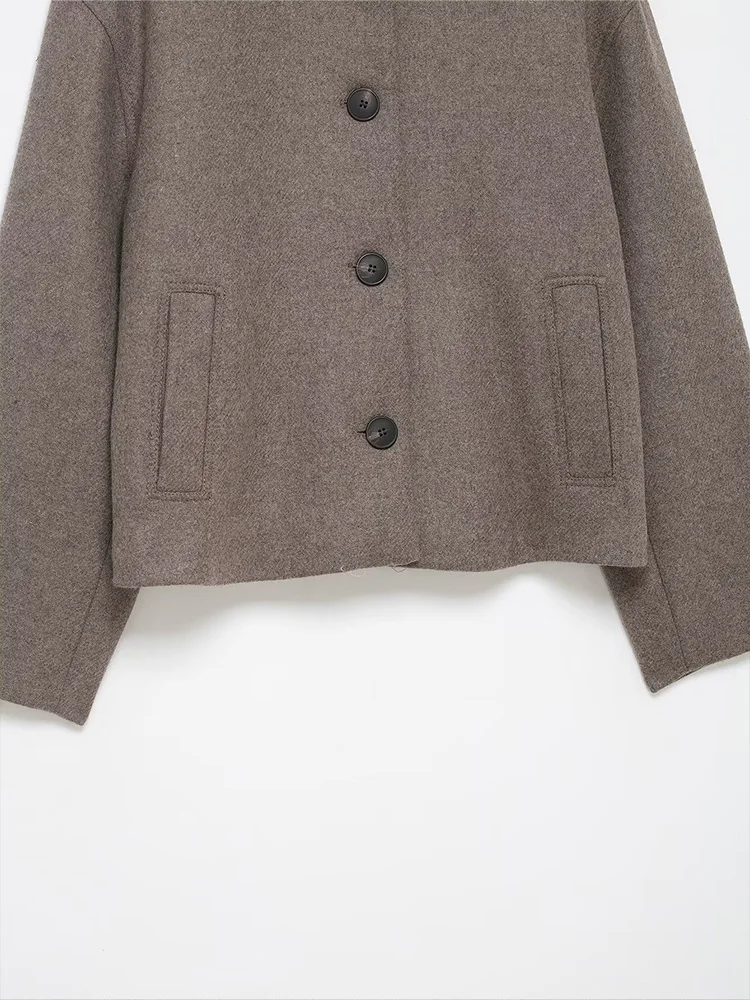 HH Women Elegant Turn-down Collar Single-Breasted Pockets Solid Coat Female Autumn Casual Woolen Long Sleeve Short Jacket Mujer