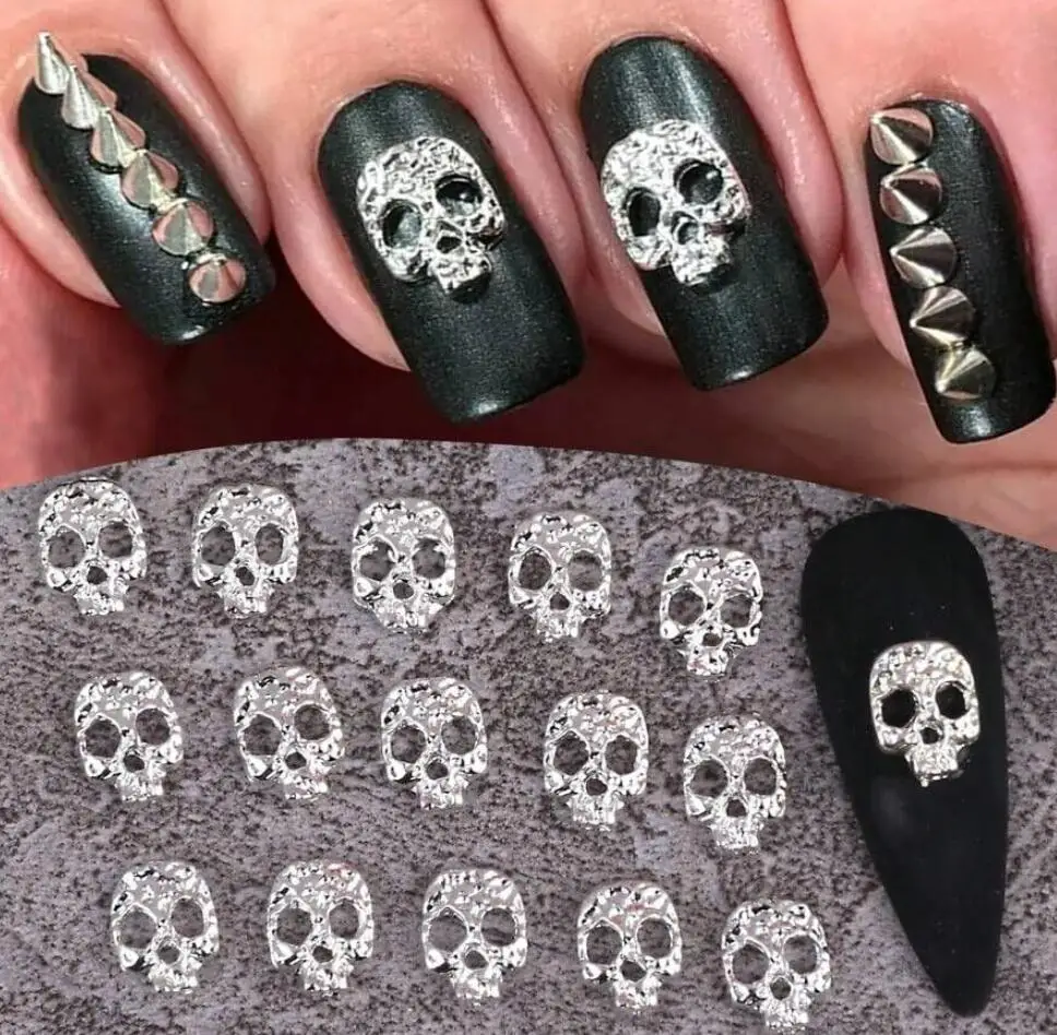 30 Uds. De dijes 3D de calavera de Halloween para decoración de uñas, aleación de 10mm, esqueleto Punk, tachuelas para uñas, 10mm, remache para manicura