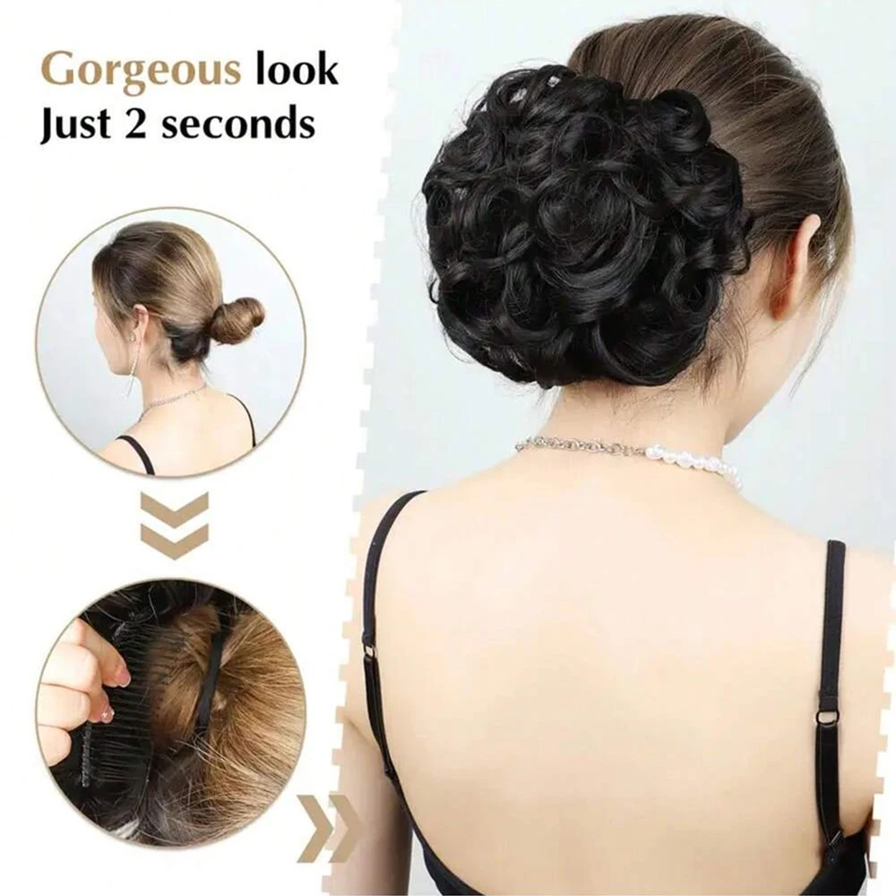 Bride Messy Big Hair Bun Curly Chignon with Comb Clips In Hair Tail Cover Ponytail Extension Synthetic Natural Fake Hair