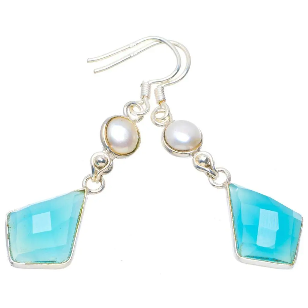 

StarGems® Natural Chalcedony and River Pearl Handmade Unique 925 Sterling Silver Earrings 2" A4396