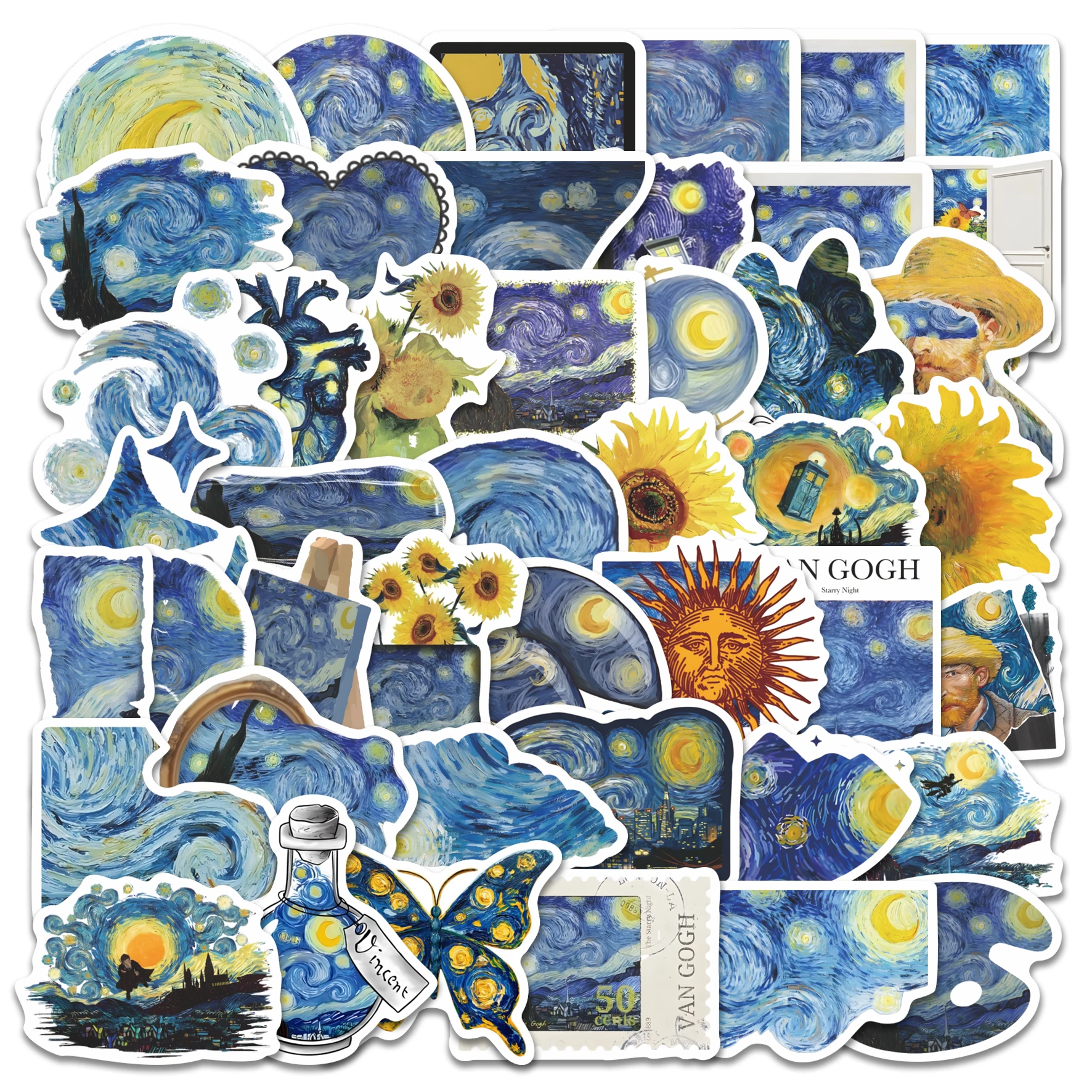 50pcs Van Gogh Starry Night Stickers Pack Classic Oil Painting Art Design Waterproof Decals for Laptop Journal Water Bottle Guit