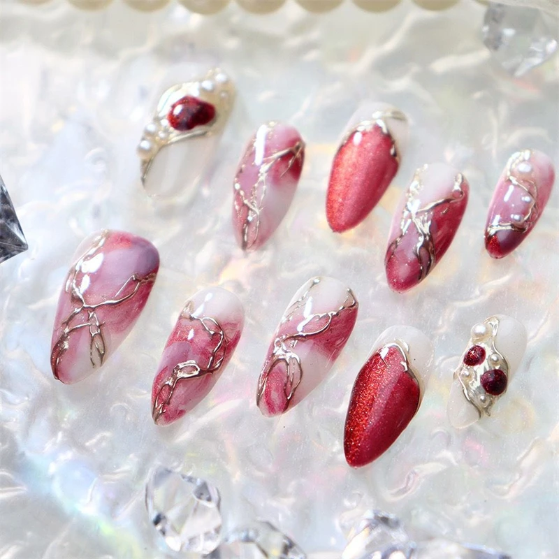 10pcs Handmade Almond Press on Nails Reusable Adhesive Mottling Fake Nails Irregular Manicure Beauty Wearable Finger Tips Woman