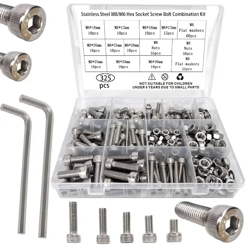 

325pcs Stainless Steel M8/M6 Hex Socket Screw Bolt Combination Kit, Including Hex Nuts, Flat Washers, And Wrenches, for Safe Fas