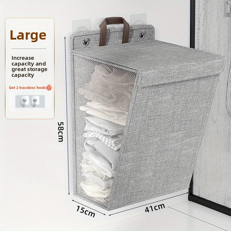 1pc Foldable Wall-Mounted Laundry Hamper with Lid, Space-Saving Oxford Cloth Storage Basket for Bathroom, Bedroom & Living Room - view 4