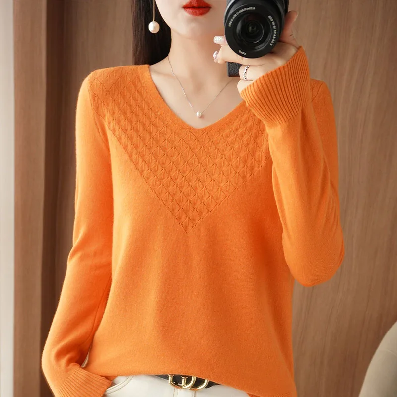 Women Pure Wool Blend Knit Sweater Autumn Winter V-Neck Diamond Grid Pullover Solid Bottoming Casual Top Cashmere Female Sweater