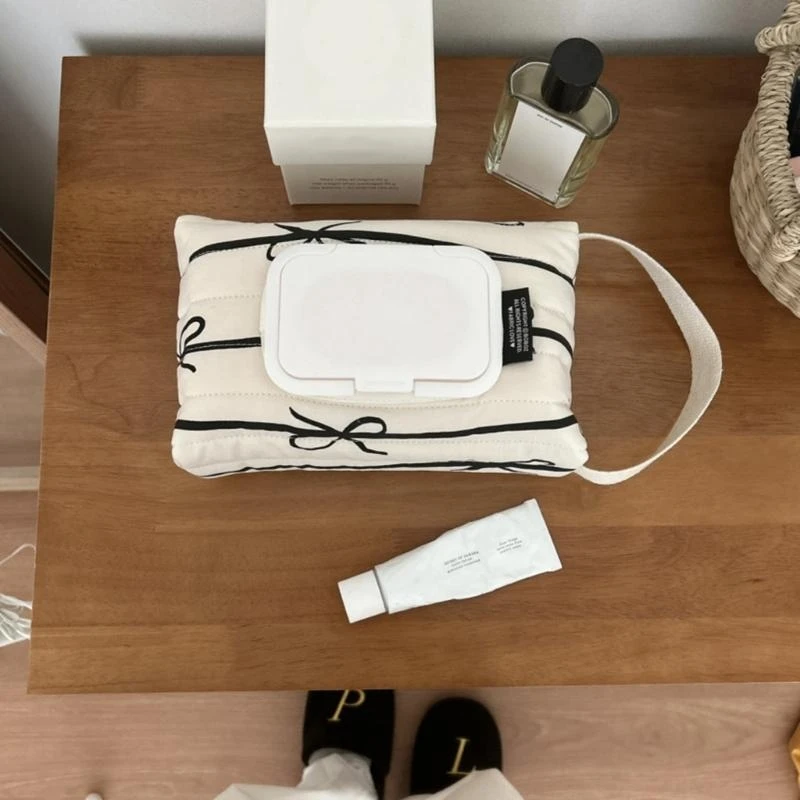 

652F Elegant Striped Wet Wipe Storage Bag with Bowknot Sturdy Cotton Dispenser Case for Travel and Daily Use Household