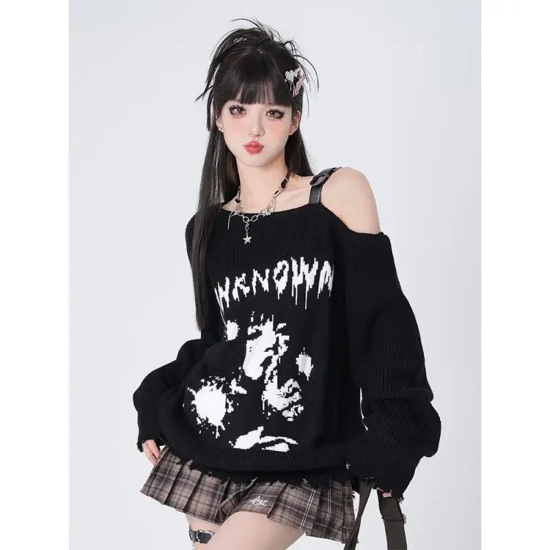 Loose Strapless Sweater Fashion Streetwear Y2k Aesthetic Pullover Print Gothic Women Jumper Harajuku One-Shoulder Knitwear