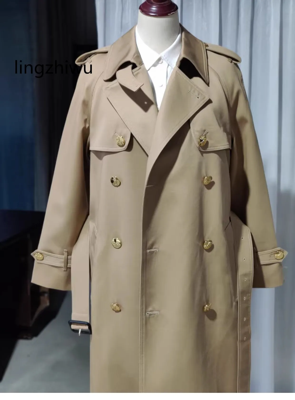 

lingzhiwu Trench Coat Handmade Silk Jacquard Lining Long Outerwear Light Camel 100% Cotton New Arrival