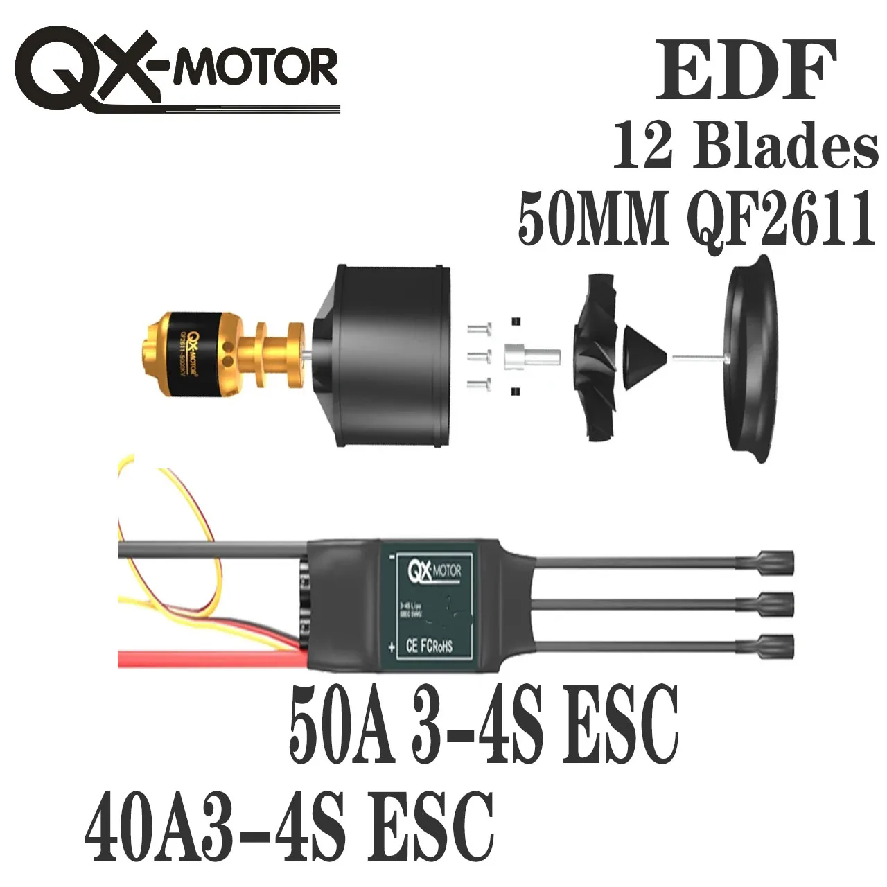 QX-MOTOR 50mm EDF QF2611 12 ostrzy wentylator kanałowy całkowicie miedziany bezszczotkowy silnik z 40A / 50A ESC do części do zdalnie sterowanych