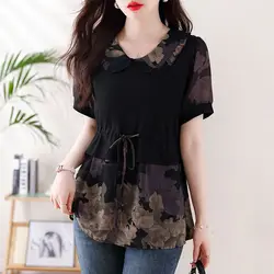 Women's Summer Turn-down Collar Bandage Shirring Flower Patchwork Pullover Short Sleeve Printed T-shirt Casual Elegant Tops