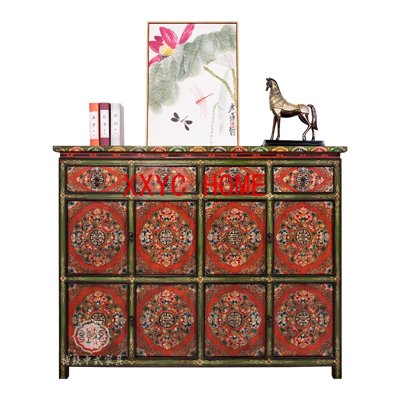 Chinese Retro Handmade Furniture Painted Distressed Four-Door Entrance Foyer Solid Wood Sideboard