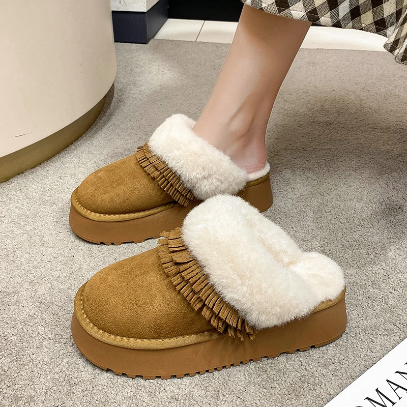 

New Warm Fur Ankle Boots Women Flats Platform Slippers Plush Flip Flops Winter Cotton Shoes for Women Brand Design Snow Botas