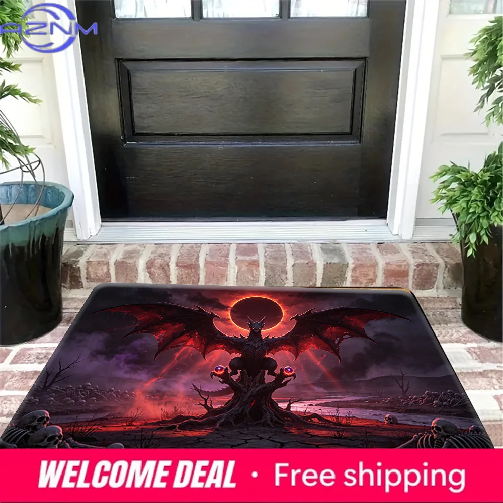 Red Eclipse Dragon Skull Graveyard Print Non-Slip Floor Mat Doormat