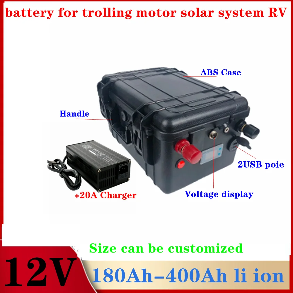 Portable 12V 180Ah 200Ah 250Ah 300Ah 380Ah 400Ah Lithium li ion battery for trolling motor solar system RV+20A Charger