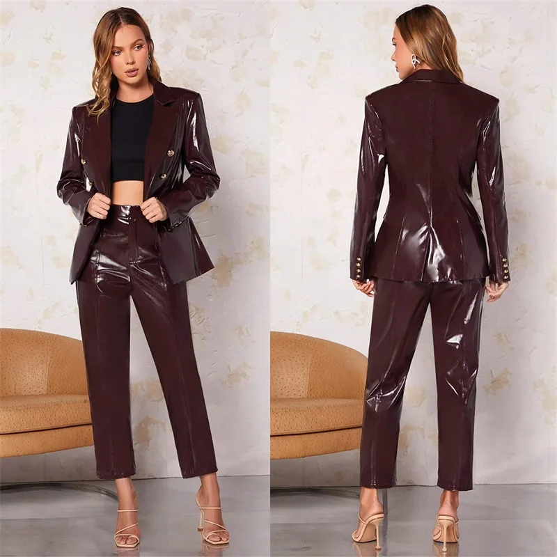 Leer Vrouwen Suits Blazer Broek Set 2 Stuks Jas Formele Double Breasted Wedding Party Prom Dress Custom Made Женский Костюм