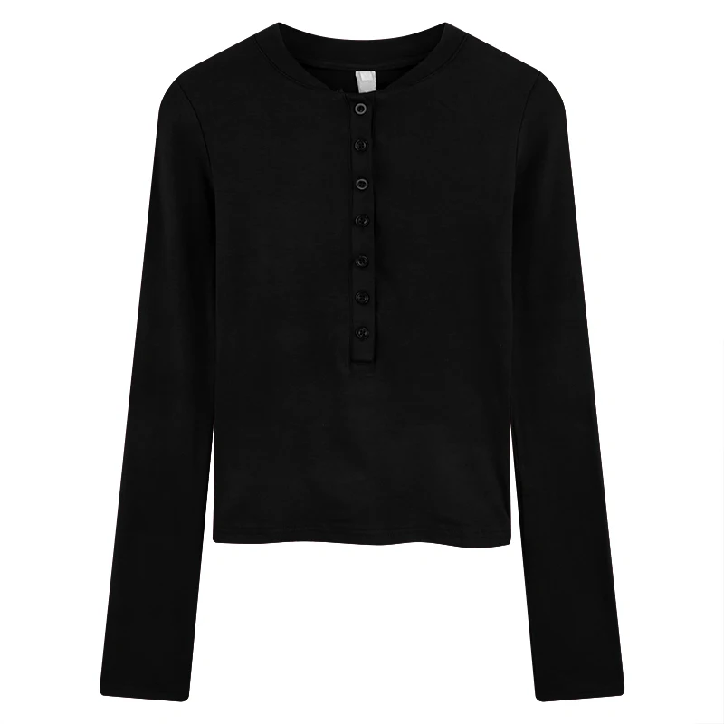 Red V-neck Long Sleeve Women's T-shirt Slim Fit Base Shirt Short Trendy Top Button Design Autumn Winter Fashionable Base Layer