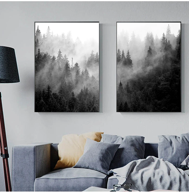 Nature Forest Black and White Tree Posters Foggy Forest Landscape Minimalist Wall Art Canvas Painting Posters for Home Decor