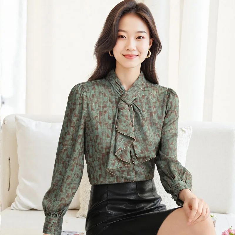 

Vintage Women's Blouses Printed Casual Shirts Fashion Loose Summer Clothing Long Sleeved Bow Women Tops