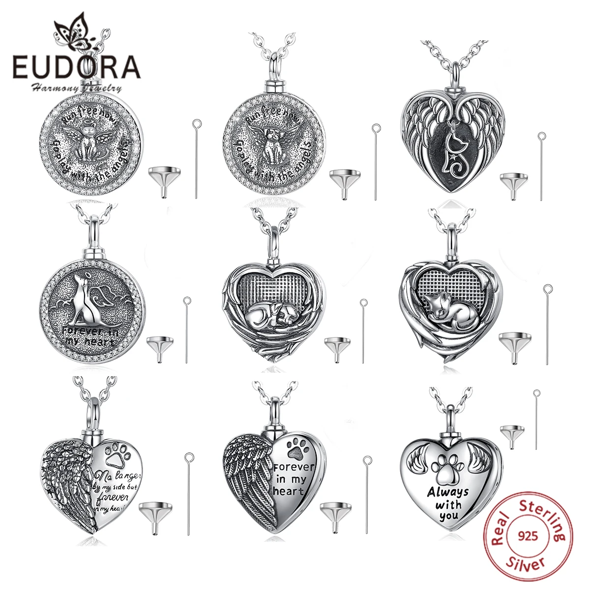 Eudora 925 Sterling Silver Cat Dog Footprint Pendant Keepsake Heart CZ Animal Necklace Cremation Memorial Urn Jewelry Party Gift