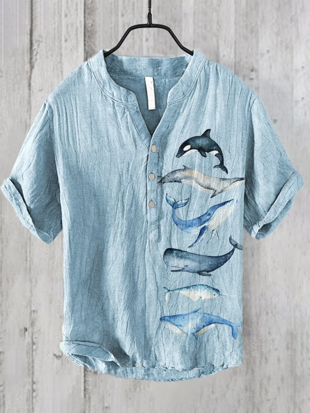 Men's Vintage Printed Linen Short Sleeve 3-Button Polo Shirt Fashionable V-Neck Pullover plus Size Top S-5XL