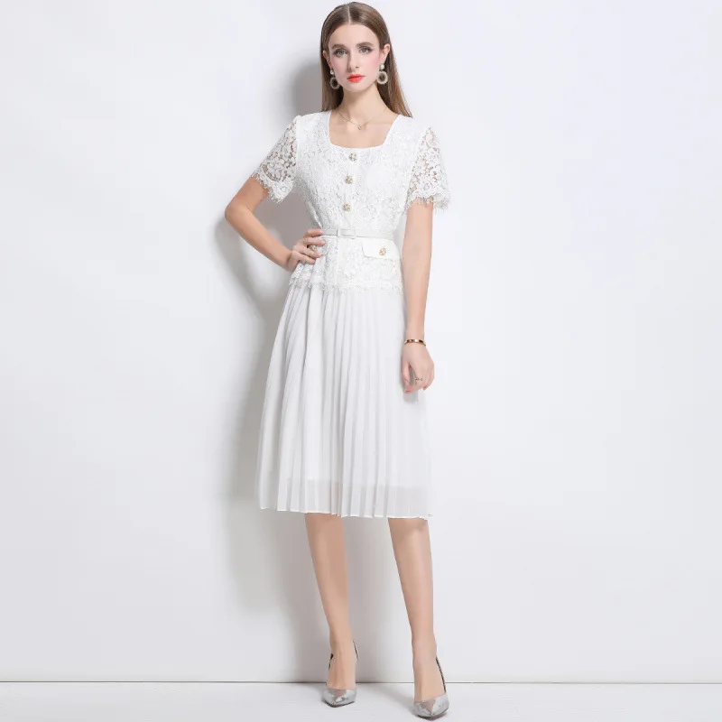 ชุดเดรสยาวผ้าตาข่ายแต่งลูกไม้เอวสูงสำหรับฤดูร้อน พร้อมเข็มขัด คอเหลี่ยม กระโปรงบาน กระดุมเดี่ยว เสื้อคลุม Dr Sli แบบพัน