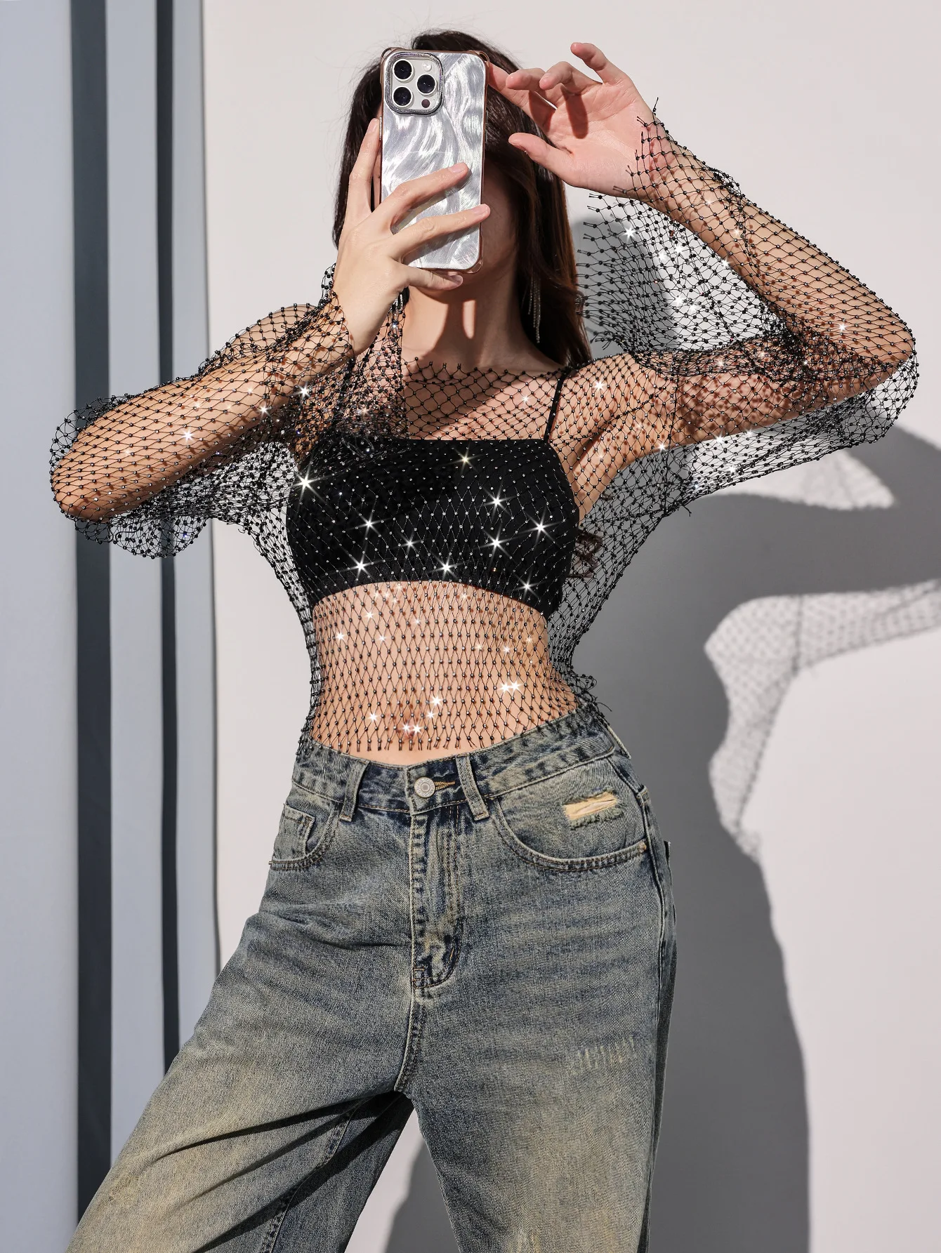 Siren Chic Women Sexy See Through Fishnet T Shirt Glitter Rhinestone Hollow Mesh Long Sleeve Crop Tops Nightclub Party Festival