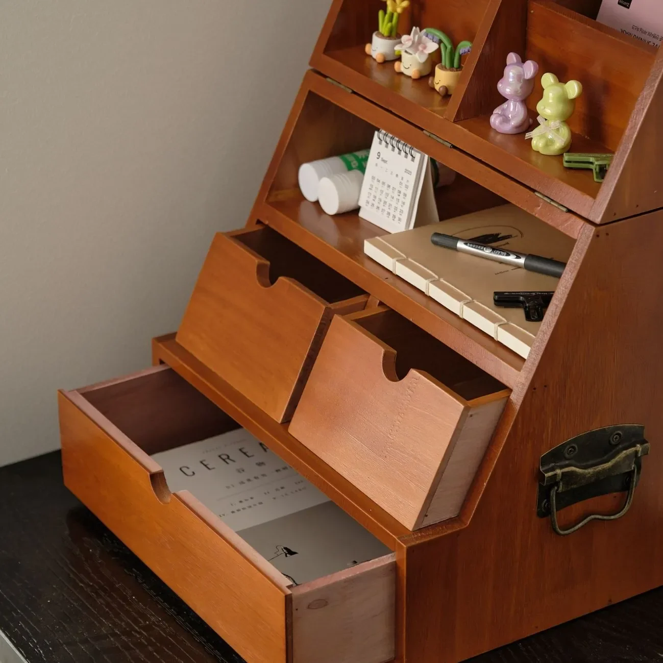 Home retro desktop display cabinet sorting storage box solid wood multi-layer drawer type medieval table storage