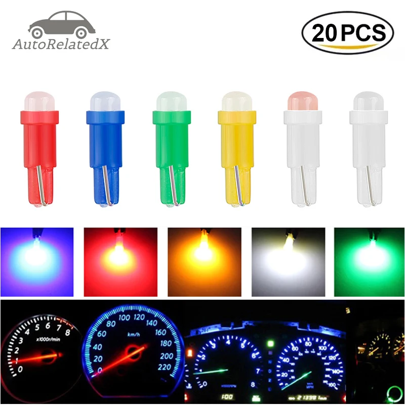 20PCS T5 W1.2W W3W COB LED Bulbs Car Instrument Panel Lamps Auto Dashboard Warming Indicator Wedge Lights Blue Red Green Purple