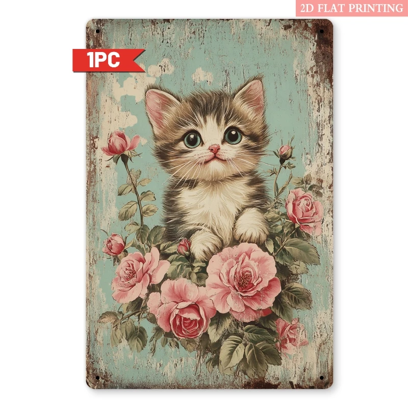Metallschild „Vintage-Katze mit rosa Rosen“, 20,3 x 30,5 cm, Retro-Dekorationsplakette für Zuhause, Schlafzimmer oder Cottage-Wandkunst