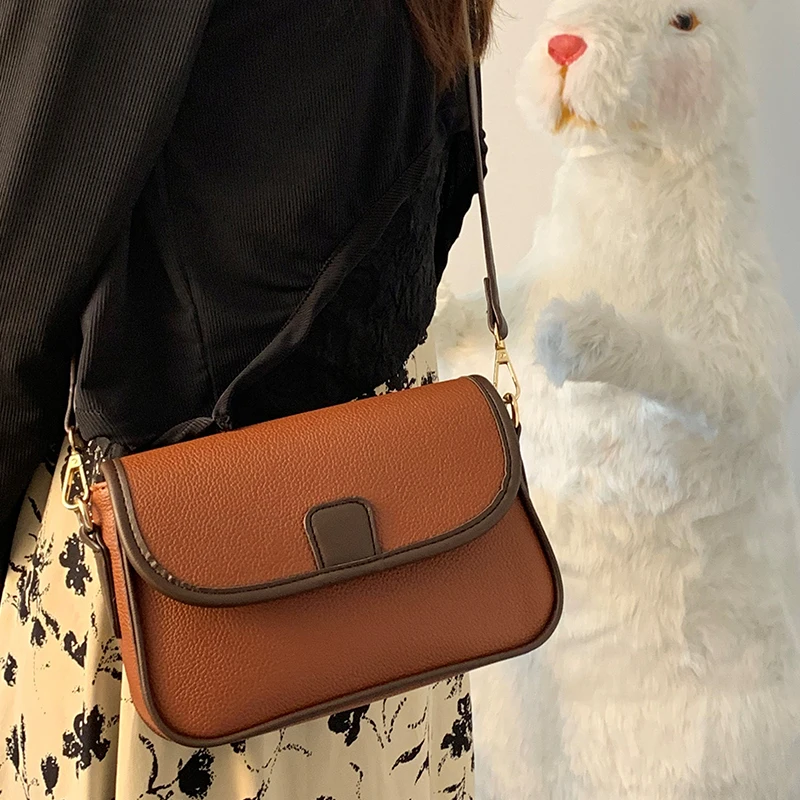 Women PU Leather Saddle Shoulder Bag Vintage Solid Color Flap Crossbody Bag