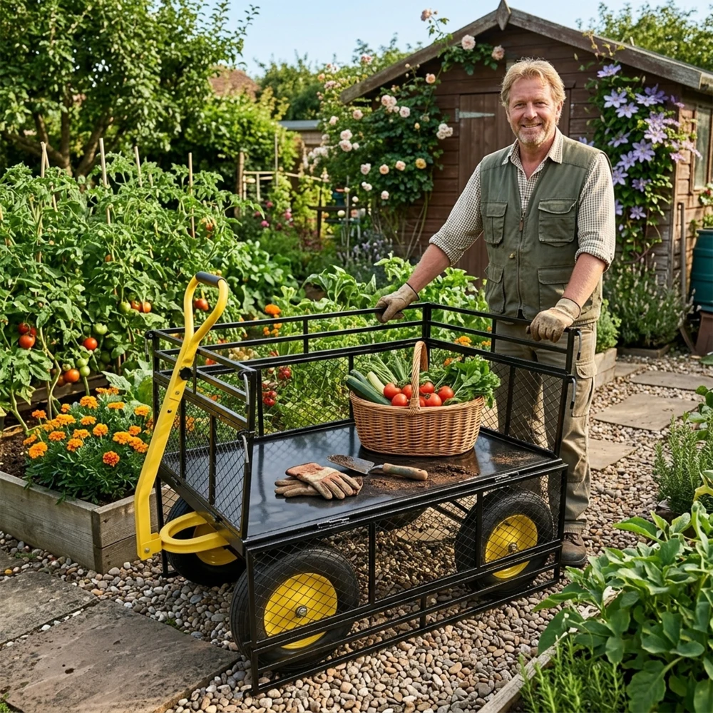 1400 Lbs Heavy-Duty Steel Garden Cart, Convertible Utility Wagon with Removable Mesh Sides, 2-in-1 Handle and 16-Inch Tires for Farm, Yard & Garden
