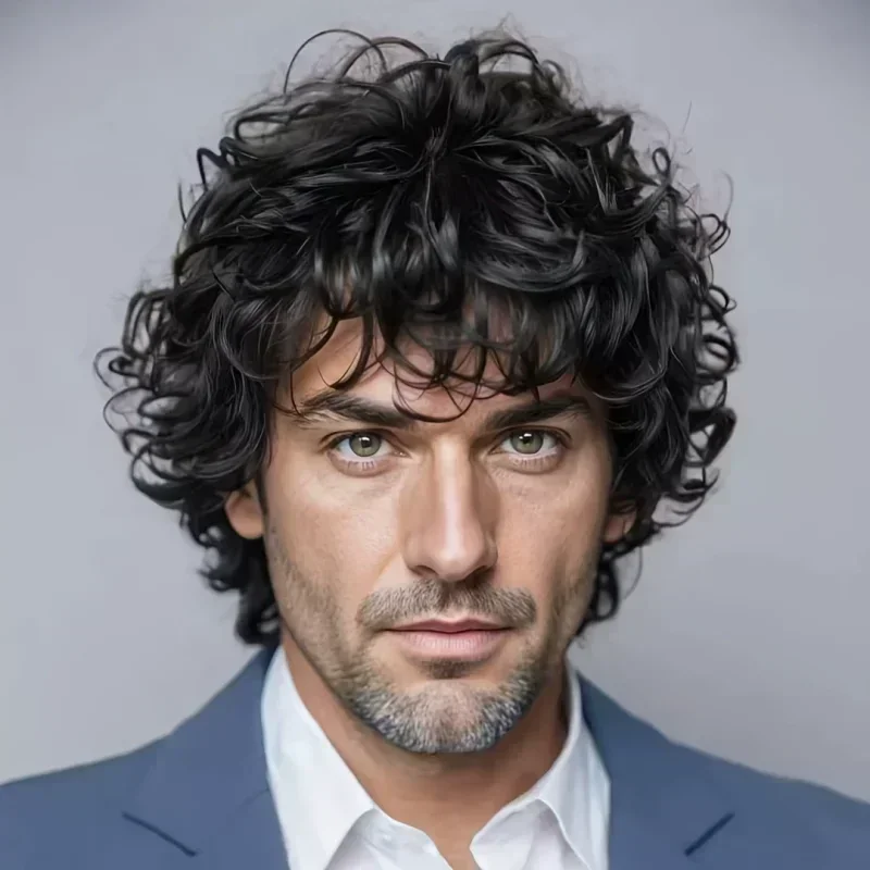 Men's Short Curly Dark Brown Synthetic Fiber Wig Cool Hair Extensions Breathable Head Cover Natural Fluffy Style for Men Hair