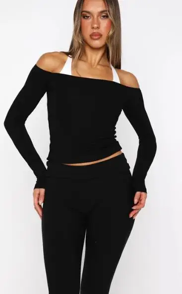 Top da donna con spalle scoperte T-shirt casual slim fit elegante tinta unita a maniche lunghe per l'autunno