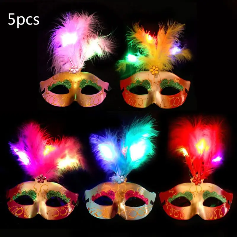 5Pcs/Set Halloween LED Light Up Mask Gold Shining Plated Masquerade Mardi Gras Glow in the Dark Party