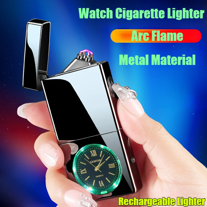 

New Metal Colorful Light Watch Smart Dual Arc Charging Lighter Creative Metal Windproof Cigarette Lighters & Smoking Accessories