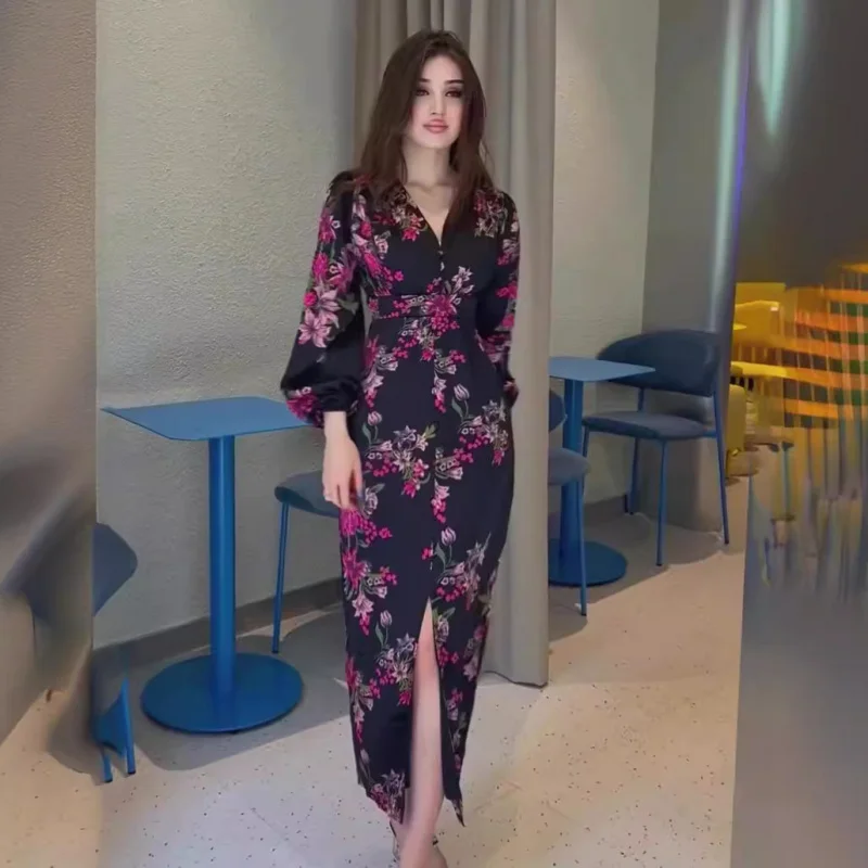 

New Retro PrintVCollared Long Sleeve Waist-Cinching Slit Dress for Women Summer Elegant Slimming Maxi Dress