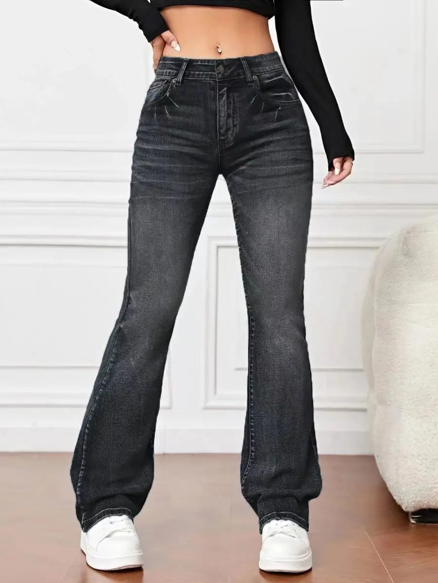 

Women's New High Waisted Baggy Wide Leg Jeans Vintage Streetwear Washed Micro Flared Denim Pants