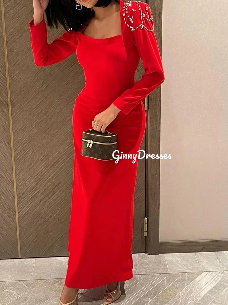 Customized Evening Dresses Column Square Neckline Beadings Wedding Dress Zipper Up Long Sleeves Luxury Evening Dresses 2025