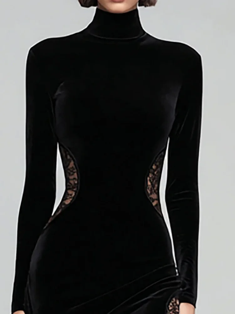 Beshinel Customized Black High Neck Lace Stitching Mermaid Evening Dresses Long Sleeve Zipper Floor Length Prom Gowns 2026