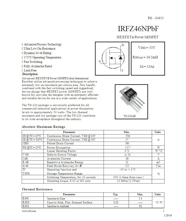 10 Stück IRFZ24NPBF IRFZ24N IRFZ34NPBF IRFZ34N IRFZ44NPBF IRFZ44N IRFZ46NPBF IRFZ46N IRFZ48NPBF IRFZ48N IRFZ14PBF IRFZ14 TO-220 neu – Detail 4