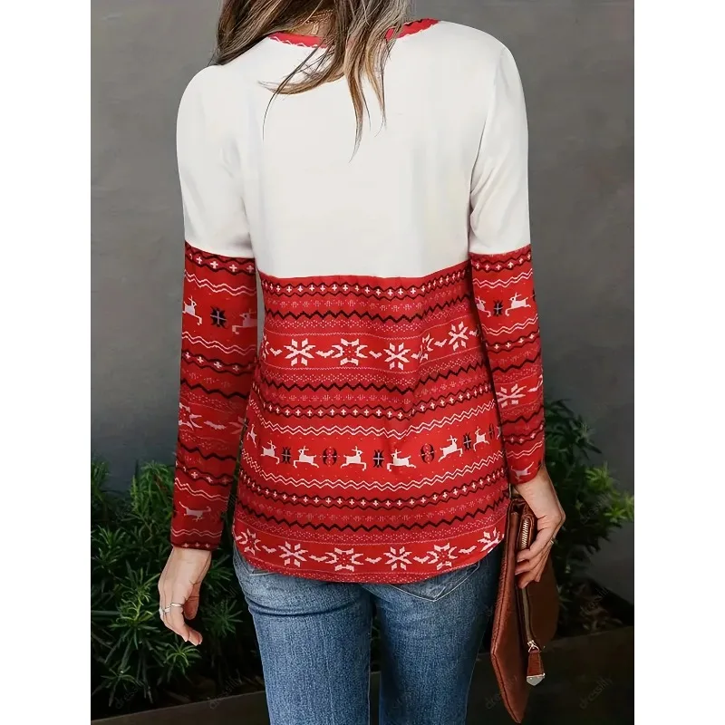 Damska koszulka plus size z długim rękawem, świąteczny wzór z reniferem, płatkiem śniegu i falistym geometrycznym wzorem, modna koszulka damska na jesień.